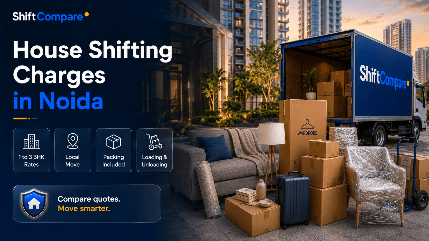 House shifting charges in Noida by BHK size, packing scope and society access